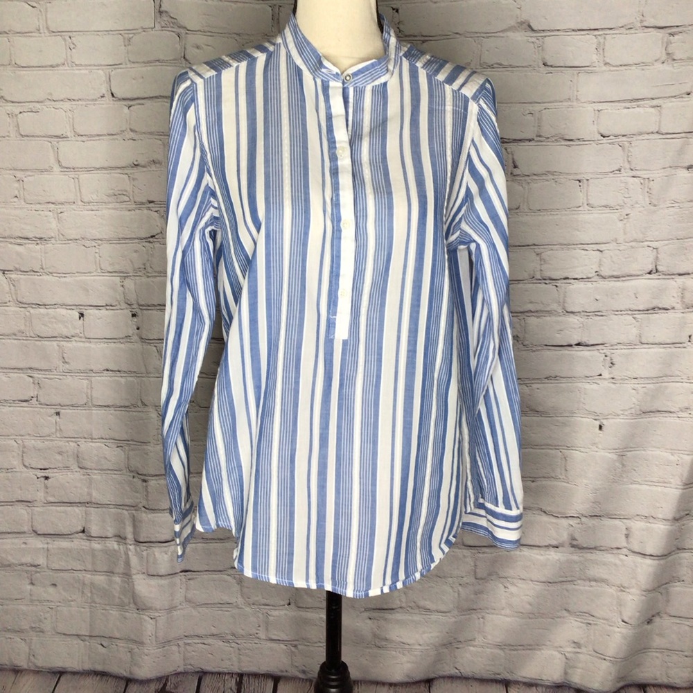 Abercrombie & Fitch Blue and White Striped Long Sleeve Cotton Popover Too Medium